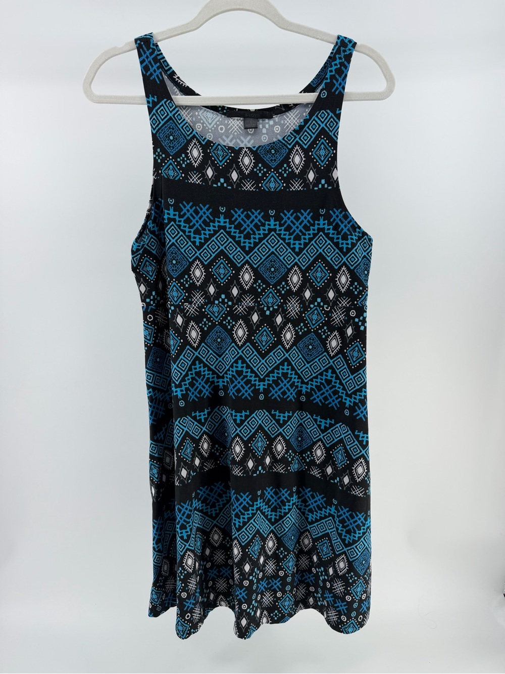 5th & Love Sleeveless Black Teal Geometric Print Stretch Knit Dress, Size Large